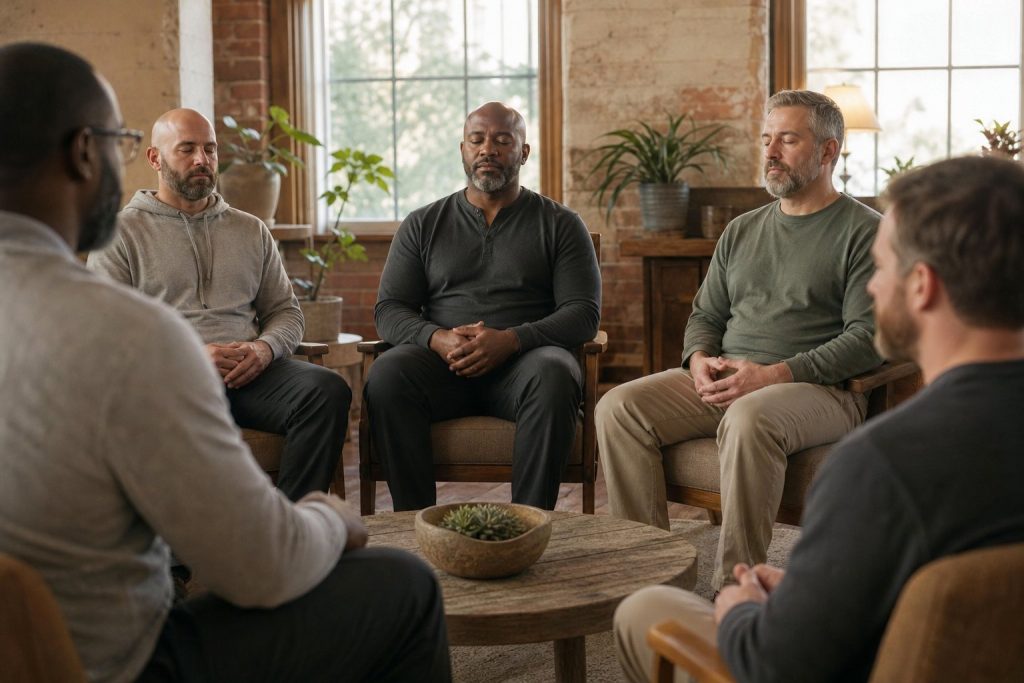 Group of men practicing mindfulness together in a holistic therapy session at a Louisville addiction recovery center