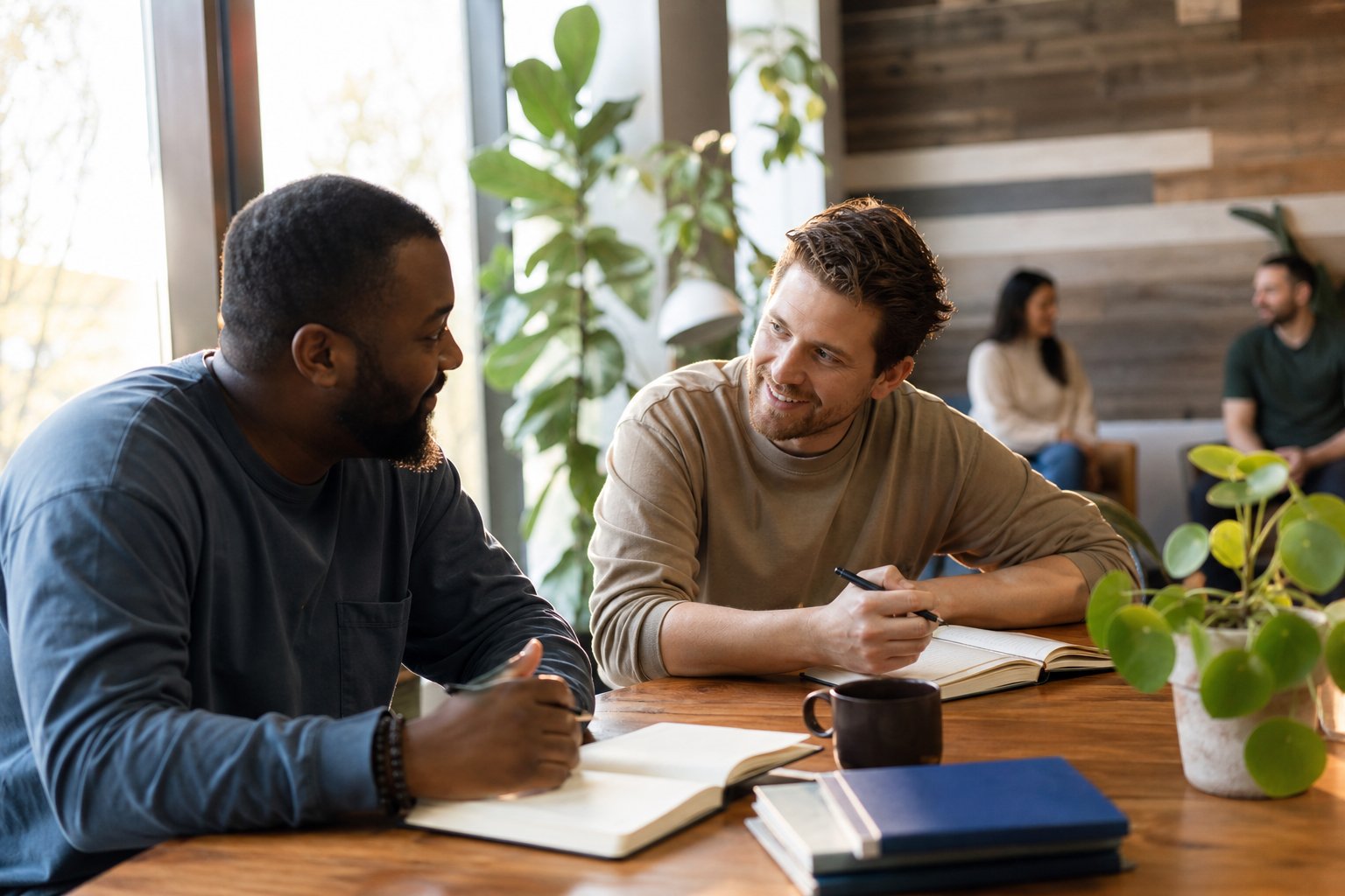 Two men talking during a peer support group workshop at a Louisville addiction recovery center